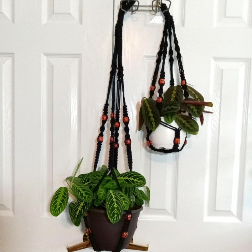 Plant Hanger Macrame Black Floral Beads Set Of 2 With Rings Handmade Small Med